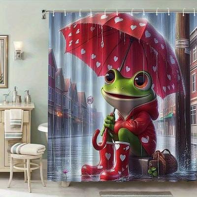 Süßer Frosch mit Regenschirm Duschvorhang Cartoon Tierkunst Badezimmerdekor Regentag Kinder Badevorhänge für Modernes Wohninterieur