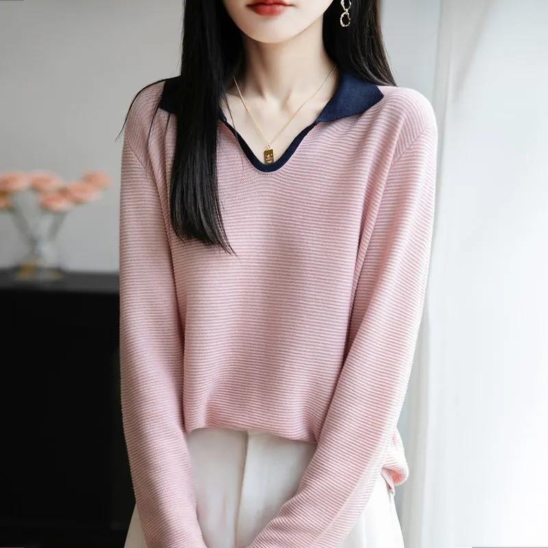 Knitwear Spring/Autumn Korean New All Match Fashion V-neck Long Sleeved Loose Shirt Temperment Top