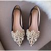 New Crown Pearl Flats Women Wedding Shoes Pointed Toe Female Dress Moccasins Low Pearl Heel Ladies Luxury Style 43
