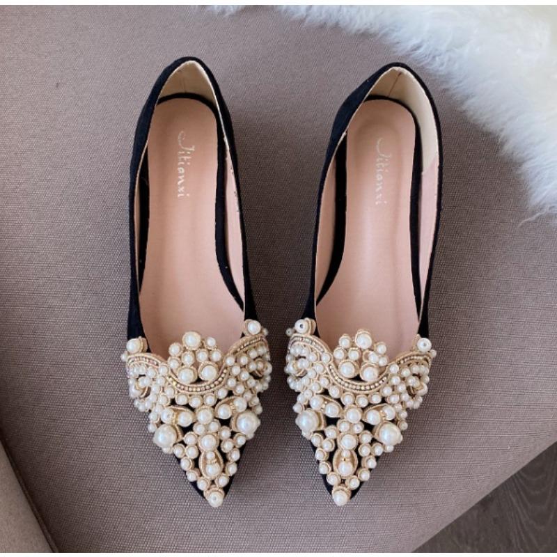 New Crown Pearl Flats Women Wedding Shoes Pointed Toe Female Dress Moccasins Low Pearl Heel Ladies Luxury Style 43