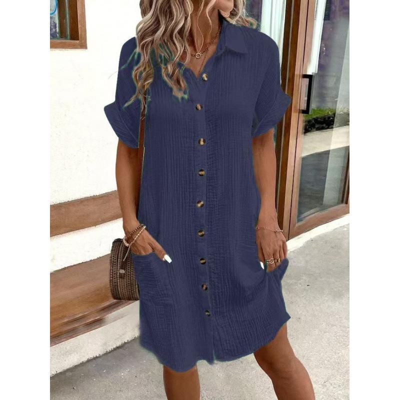 Casual Solid Color Single-breasted Mid-length Short Sleeve Loose Casual Dress Women's Wear