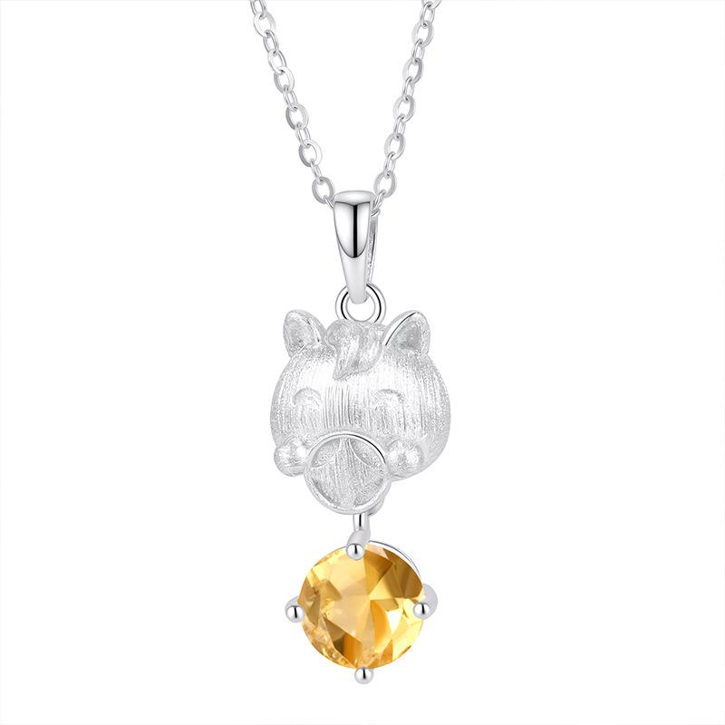 S925 Sterling Silver Horse Pendant Necklace Natural Crystal/Garnet Brushed Process Jewelry for Women
