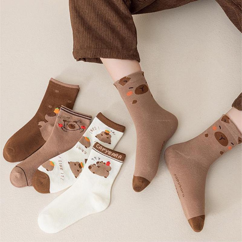 5Pairs Cartoon Capybara Print Mid-Tube Socks Breathable Soft Casual Socks Unisex Autumn Winter Coffee Keep Warm Mid-Tube Socks