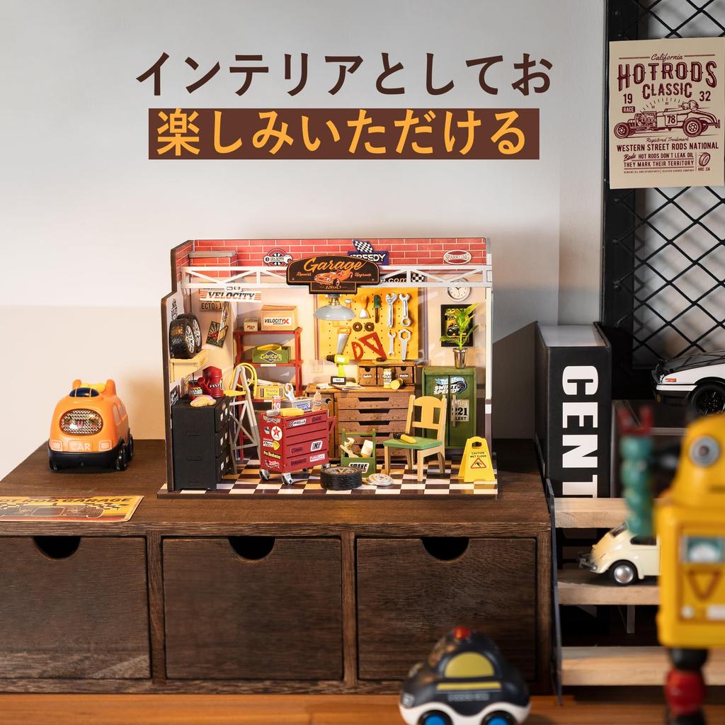 ROBOTIME Miniature Miniature Dollhouse Model Garage with Illustrated Officially Model House with LED DIY Handmade Wooden Interior Time for Kids and