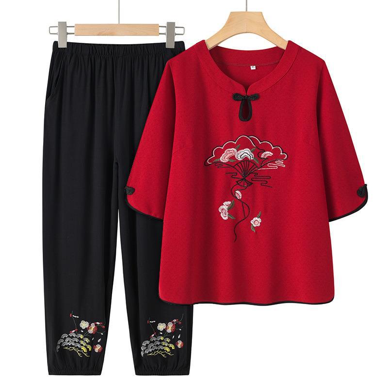 Middle-aged and Elderly Spring and Summer Clothing Casual Thin Short-sleeved + Seven Trousers Two Piece Suit