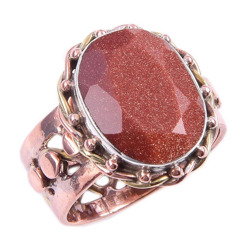 Natural Sunstone Gemstone Handmade 925 Sterling Silver Two Tone Ring Size 8 w1Q14
