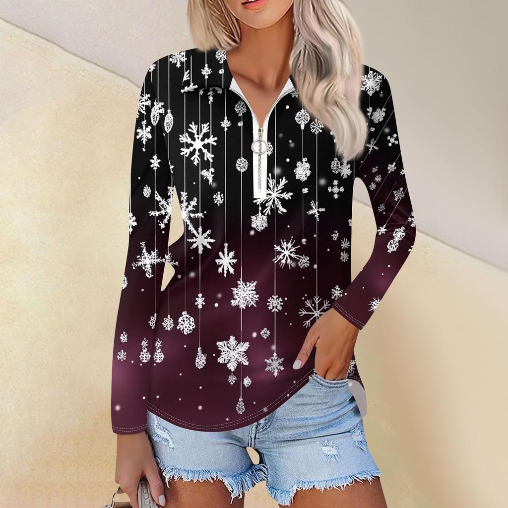 Ladies Spring Autumn Fashion Casual Christmas Printed Zip V-Neck Long Sleeve  Shirt Top
