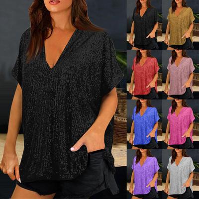 Sequin Tops V-Neck Short Sleeve Women's Tops Loose Shiny Tops For Women Dress Up Tops For Party