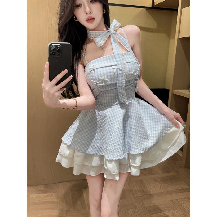 French sweet girl bow neck suspender dress pure desire temperament waist fluffy plaid princess short dress