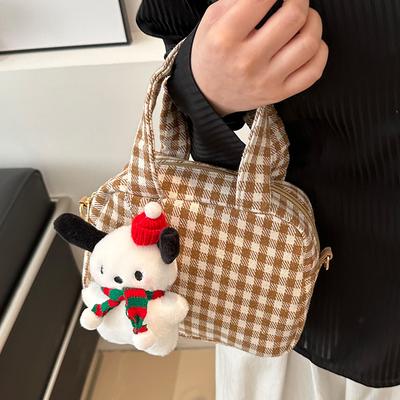 Red Woolen Plaid Bag for Women New Style Popular Bowling Handbag Canvas Crossbody Bag Pillow Bag