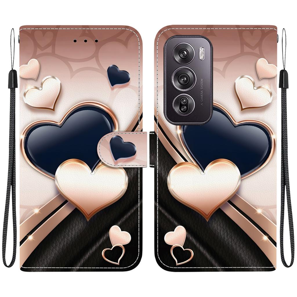 Ručně vyráběné PU kožené flipové pouzdro pro Oppo Reno12/Reno12 Pro Protiskluzový nárazuvzdorný kryt s poutkem na zápěstí a designy srdce/růže/kočky