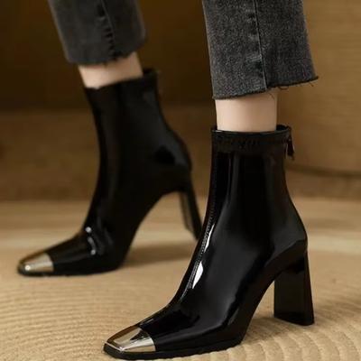 Fashion Women's Patent Leather Ankle Boots Thick Heel Anti-slip Back Zipper High Heel Boots Sexy Metal Toe Solid Color Fashion Shoes