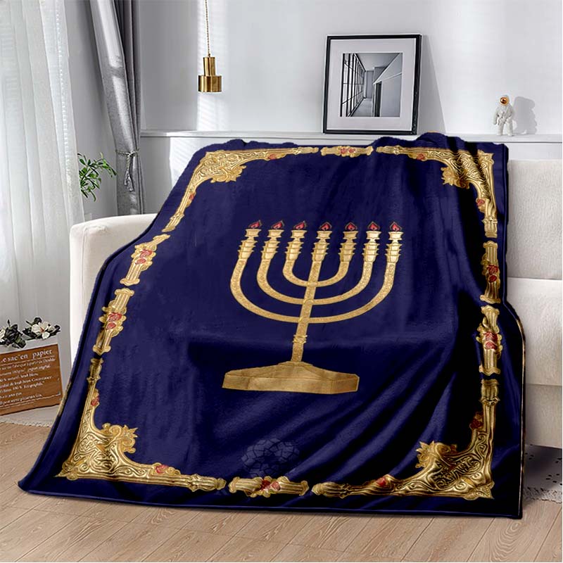 Seven Candles Menorah Star David Red Floral Vintage Brown Border Blue Print Soft Flannel Throw Blanket Sofa Bed Jewish Holiday Decor Cover 80cm x 120cm