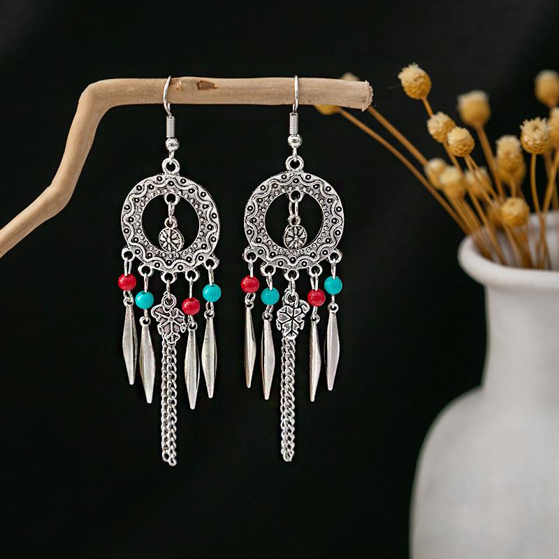 Europe, America, Bohemian Ethnic Style Stud Earrings, Long Fringed Metal Earrings, Fashion, Exotic Style Earrings Wholesale