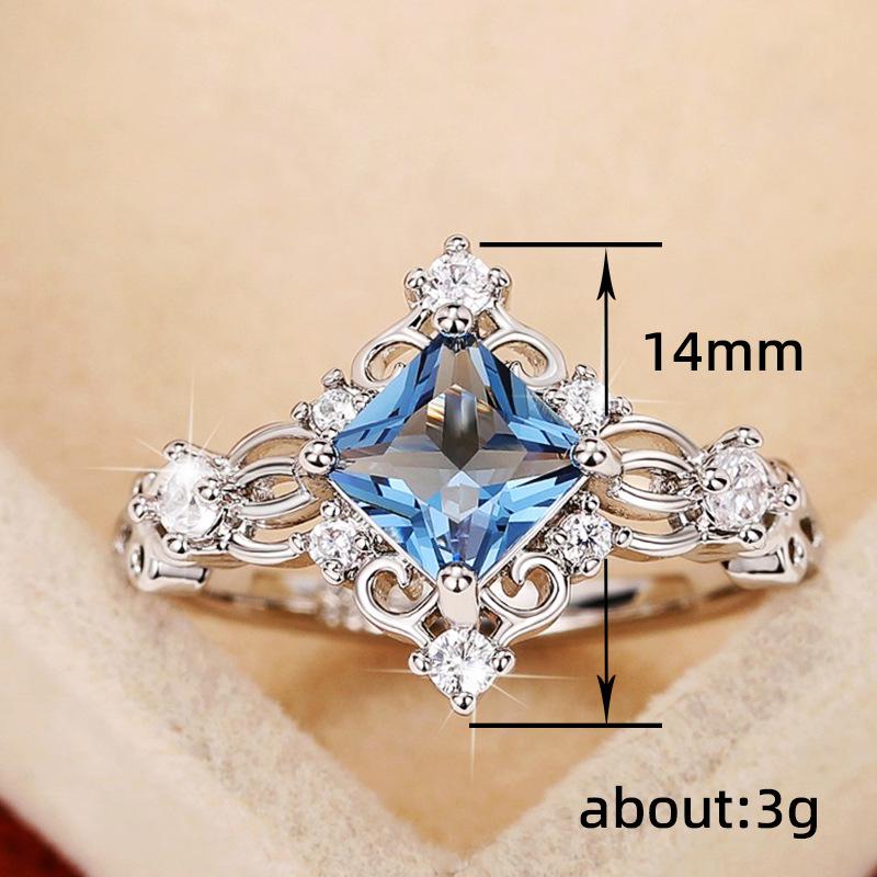 Cao Shi Aquamarine Simulated Gemstone Ring with Rhomboid Zircon Embellishment - Elegant Princess Design