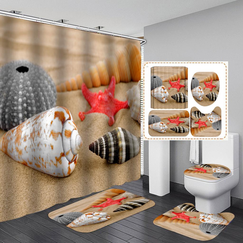 4ks Beach Starfish Series Sady sprchových závěsů do koupelny Protiskluzové Koupelnové koberečky Víko WC Kryt Koupelnová předložka