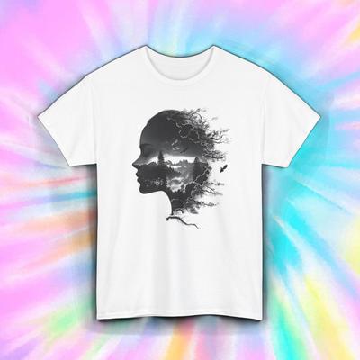 Dubbele Belichting Bos Gezicht Shirt Surrealistische Natuur Artistiek Landschap T-shirt S-5XL