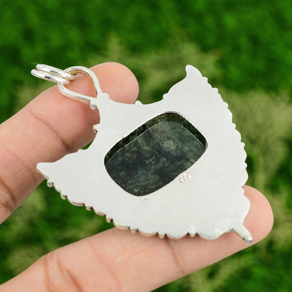 925 Silver Solar Moss Agate Stone Boho Wedding Anniversary Bezel Pendant Jewelry