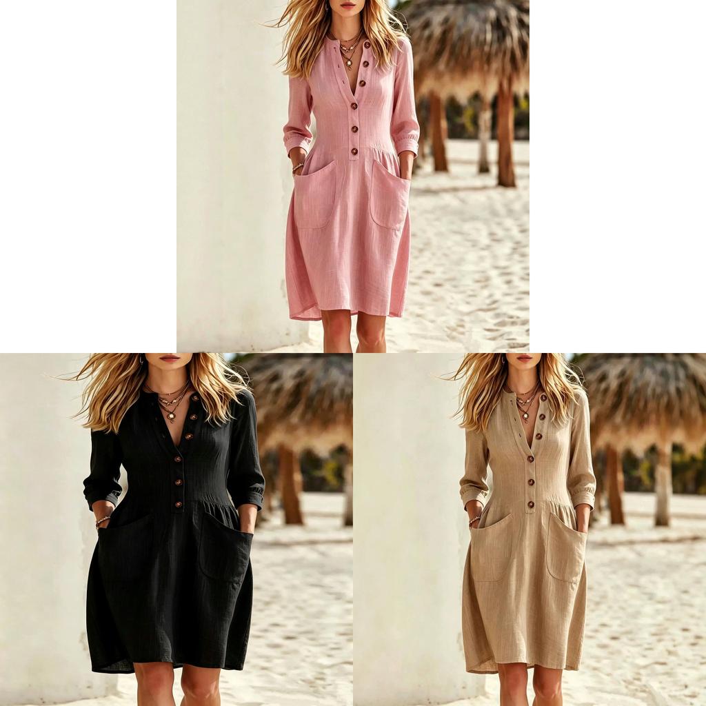 Style V Neck Button Pocket Loose Dress For Casual Travel And Outing