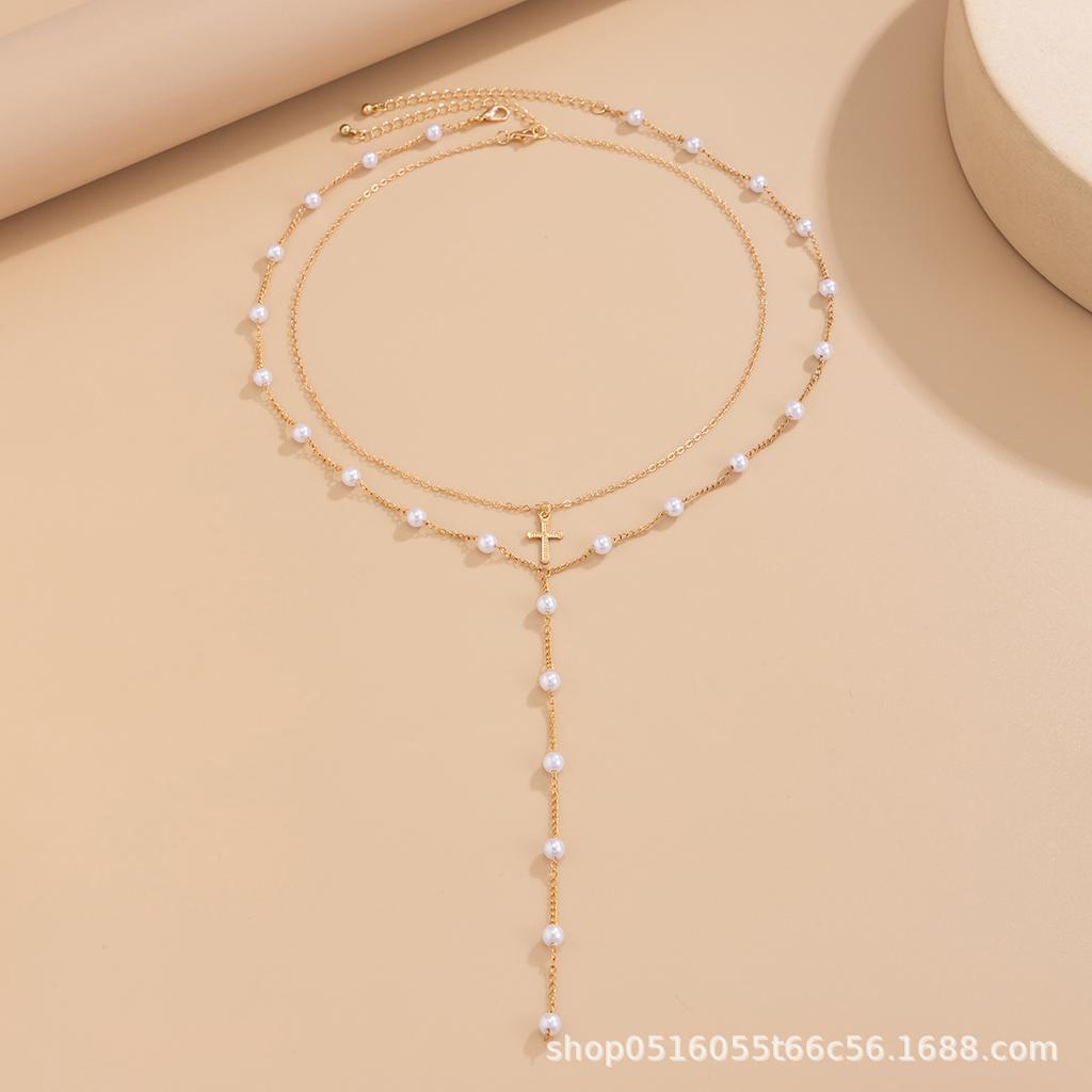 European and American temperament imitation pearl chain long fringed necklace simple ins style cross pendant collarbone chain