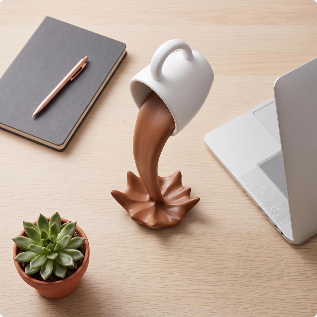 Cup with Pouring Stream Suspended Desktop Ornament Sculptural Tabletop Sculpture for Coffee Lovers,