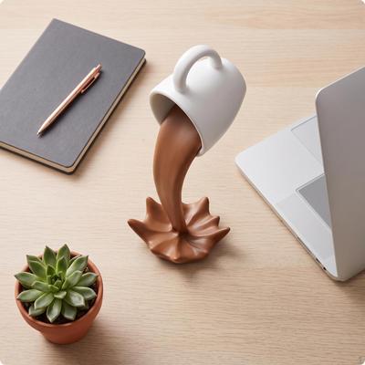 Cup with Pouring Stream Suspended Desktop Ornament Sculptural Tabletop Sculpture for Coffee Lovers,