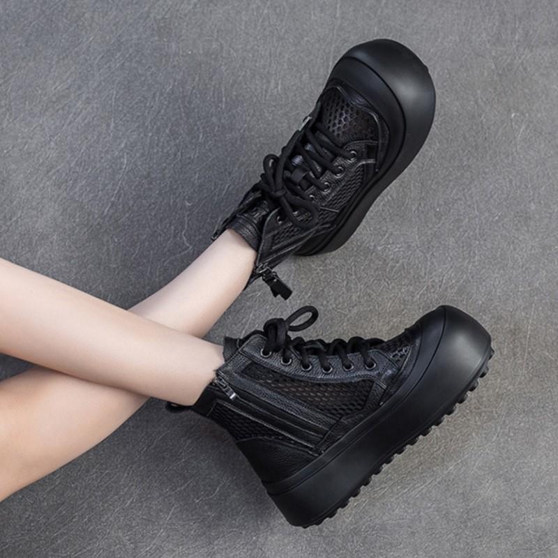 Johnature Retro Breathable Mesh Hollow Out Boots Genuine Leather Women's Flat Platform Shoes