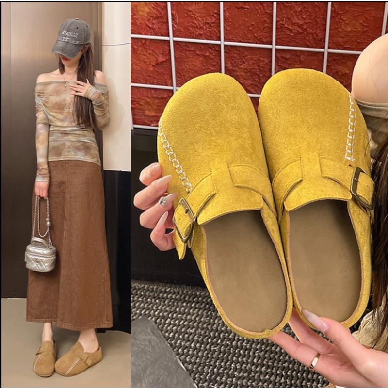 

2025 Новые Натуральная Замша Низкий Каблук Закрытый Носок Натуральная Кожа Повседневные Шлепанцы Женские для Ежедневной Ходьбы 35 жёлтый
