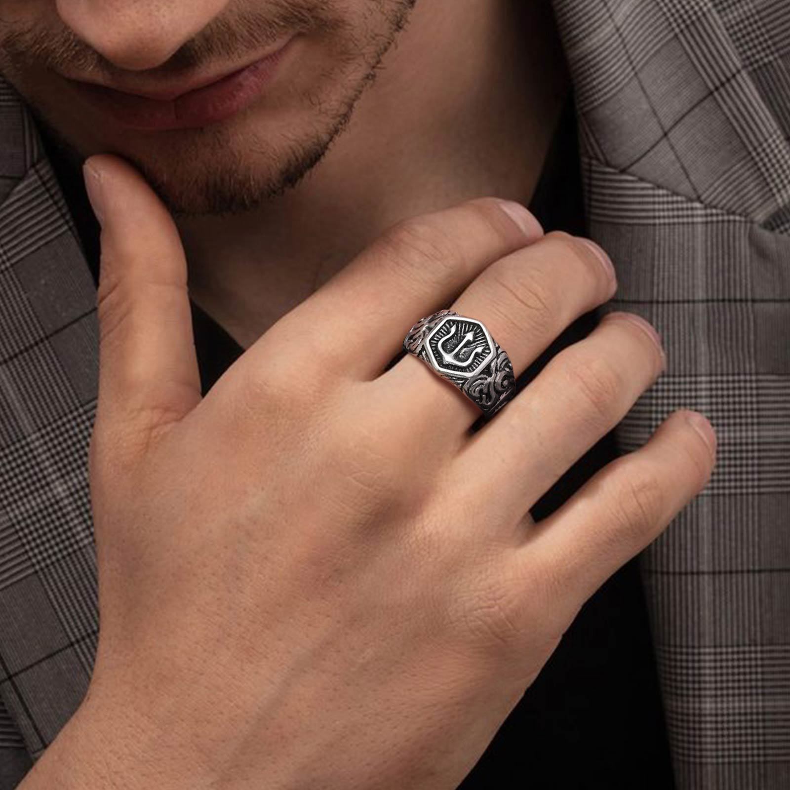 

Mprainbow Mens Tridant Signet Ring, Waterproof Stainless Steel Geometric Top Stamp Finger Band, Rock Punk Gifts for Him Jewelry 12