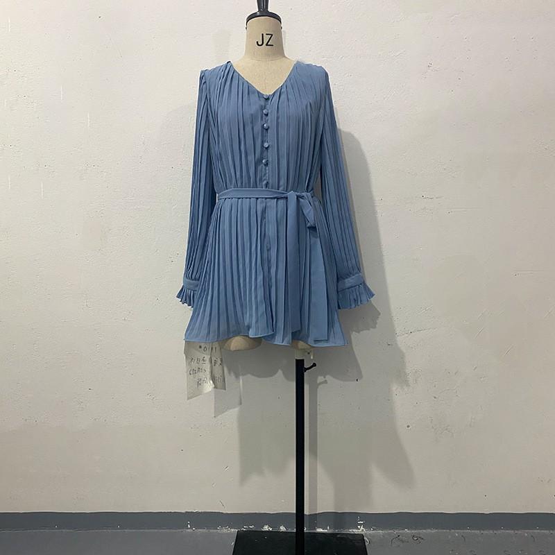 Womens V-Neck Solid Pleated Ruffle Jumpsuit Slim Waist Street Style