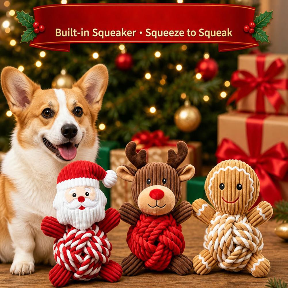 Christmas Puppy Chew Toy Cotton Rope Ball Plush Squeaky Toys Relieves Boredom Teeth Cleaning And Oral Health Boredom Busters