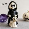 Resin Ghost Skeleton Art Grim Reaper & Ghostly Puppy Figurine, Black Robed with Cute Mini Halloween Figurine 13cm Dog Statue, Dark Gothic