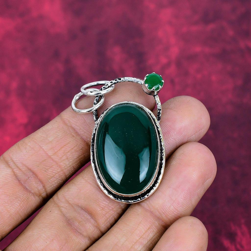 Green Onyx & Green Chalcedony Gemstone 925 Sterling Silver Boho Jewelry Handmade Designer Pendant For Women