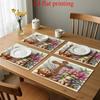 2D Flat Printing 4pcs Placemats, Easter Spring Decoration, Wooden Frame Cute Lamb and Flower Cluster Pattern Printed Placemat