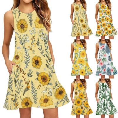 Vestido de Playa de Moda para Mujer sin Mangas Cuello Redondo Estampado Floral