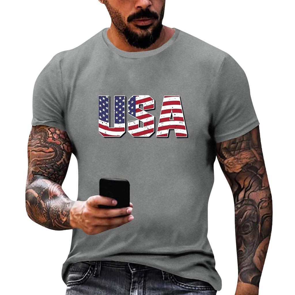 Men's Short Sleeve Loose Fit T Shirt with USA Flag Print Crew Neck Casual Summer Top for Daily Wear Holiday Events