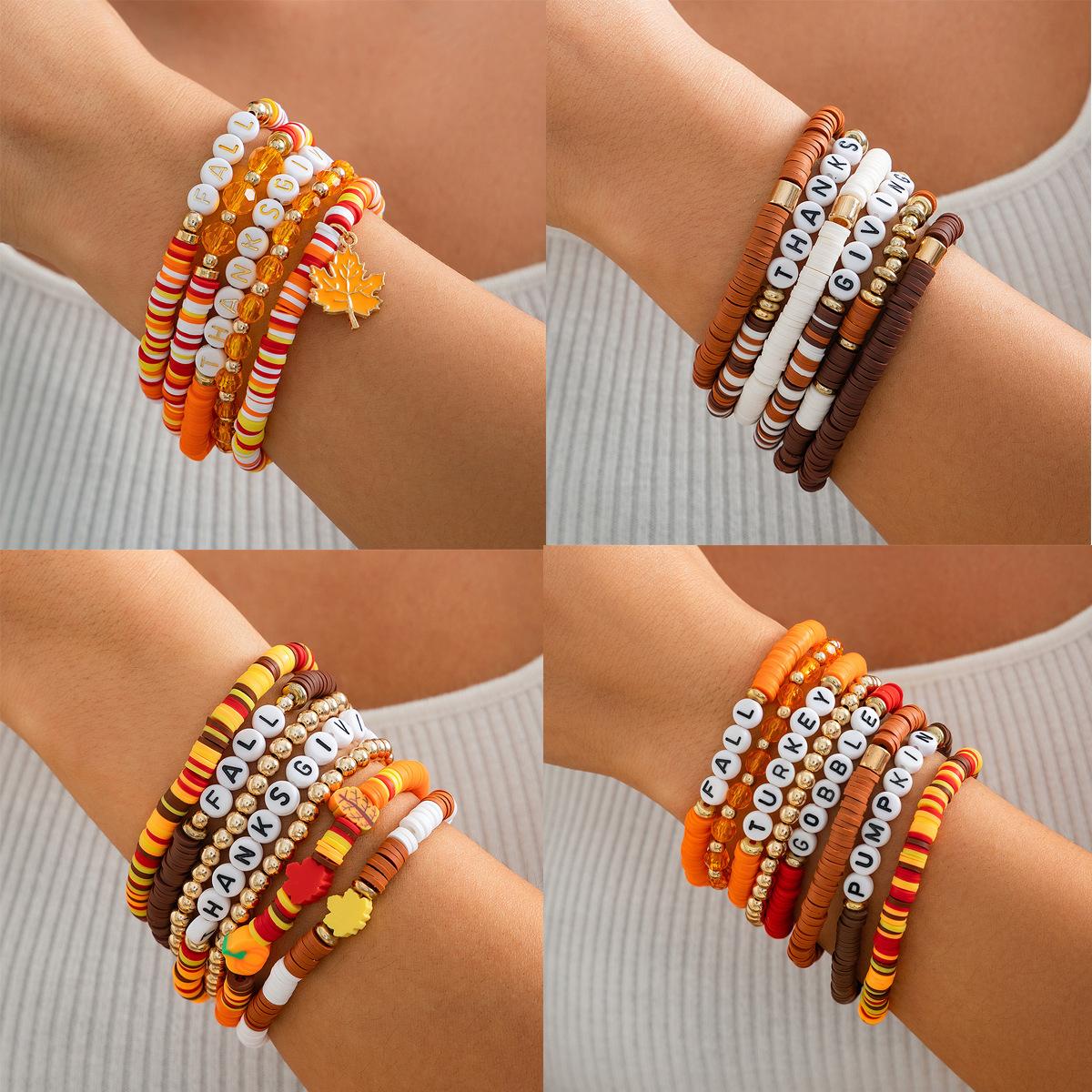 

Thanksgiving Letter Polymer Clay Bracelets Multilayer Acrylic Beaded Bracelet Set for Women Harvest Festival Jewelry Gift Accessories