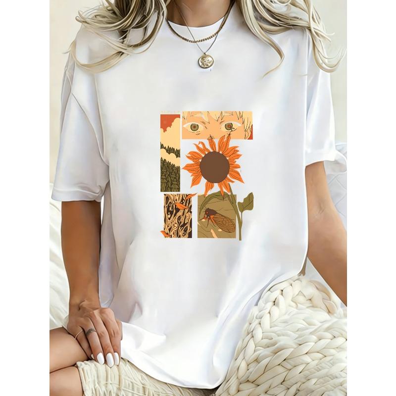 Oversized T Shirt Black Sunflower And Eyes Art Print Graphic Tee For Casual Wear