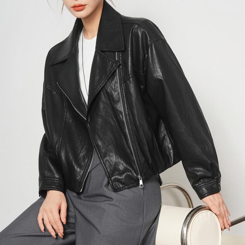 Women's Genuine Sheepskin Motorcycle Jacket - Spring/Autumn Fashion Lapel Style