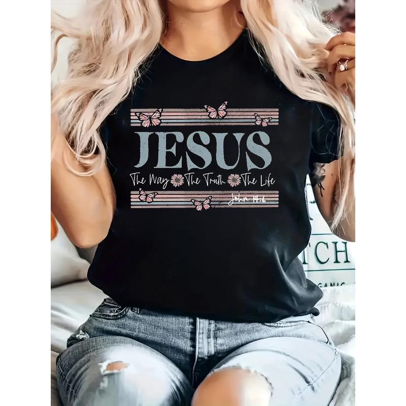 Christian Letter Print T-Shirt, Casual Crew Neck Short Sleeve Comfort Tee Top for Spring & Summer, Women's Clothing