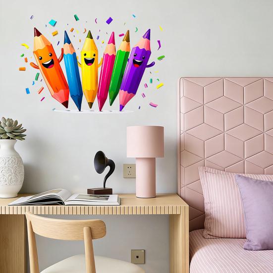 Colorful Pencils Wall Sticker Cartoon Kids Room Wall Decals Peel And Stick Classroom Wall Mural Art for Playroom Nursery Wall