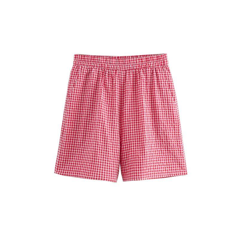 Spring New French Sweet Fashion V-neck Puff Sleeve Plaid Knotted Tops High Waist Casual Shorts
