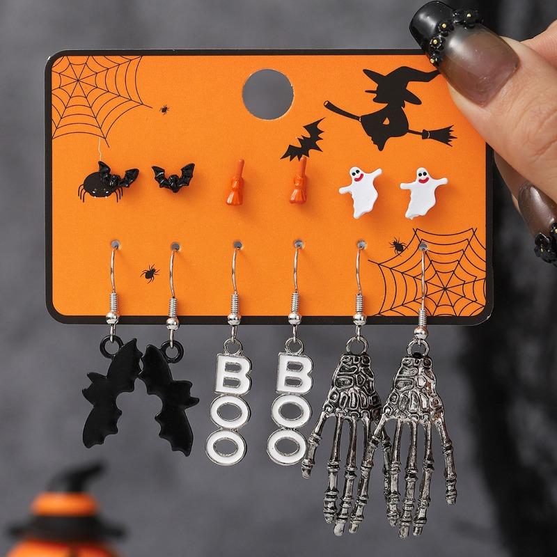 Hot Sale Halloween Stud Earrings Combination Cartoon Funny Pumpkin Head Ghost Bat Element Stud Earrings Set