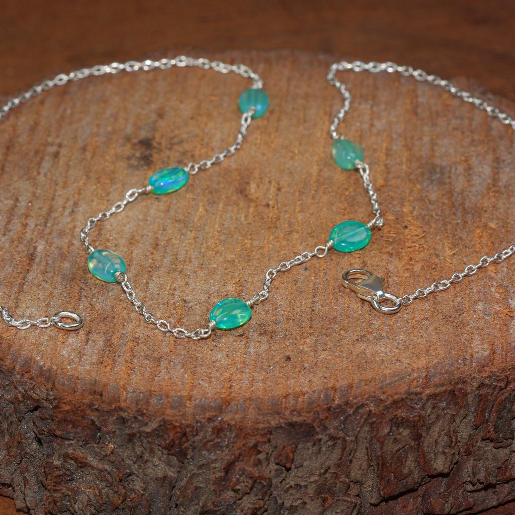 Collar de Cadena con Cuentas de Ópalo Verde Pulidas: Ópalo Etíope, Plata de Ley/Chapado en Oro