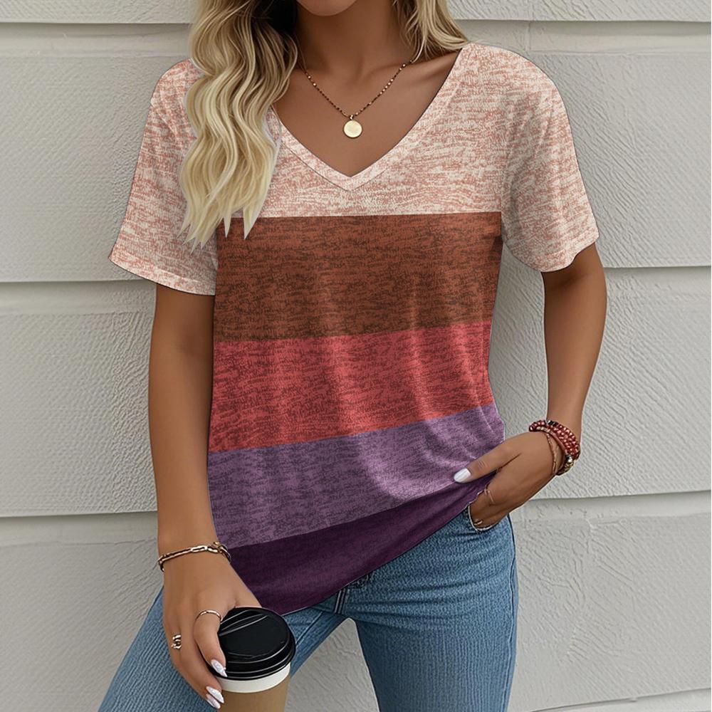 Camiseta de Verano para Mujer Estampado de Rayas Moda Retro al Aire Libre Casual Oversize Cuello en V Y2k Manga Corta Ropa para Mujer