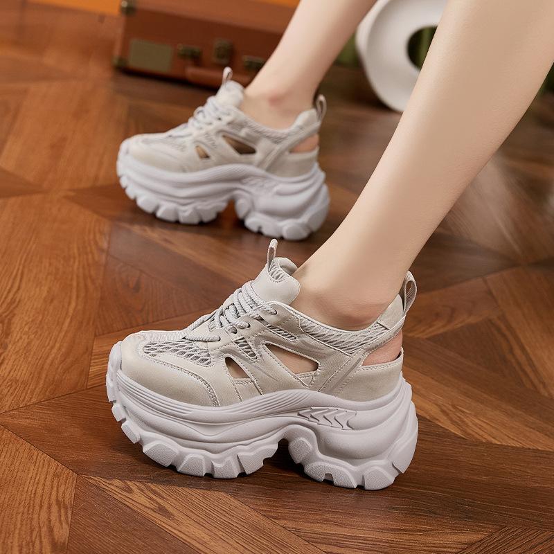 Thick-soled Dad Shoes Women's 2025 Autumn Hollow Hole Shoes Breathable Mesh Sandals Inner Height Increase Women's Shoes Hollow Mesh