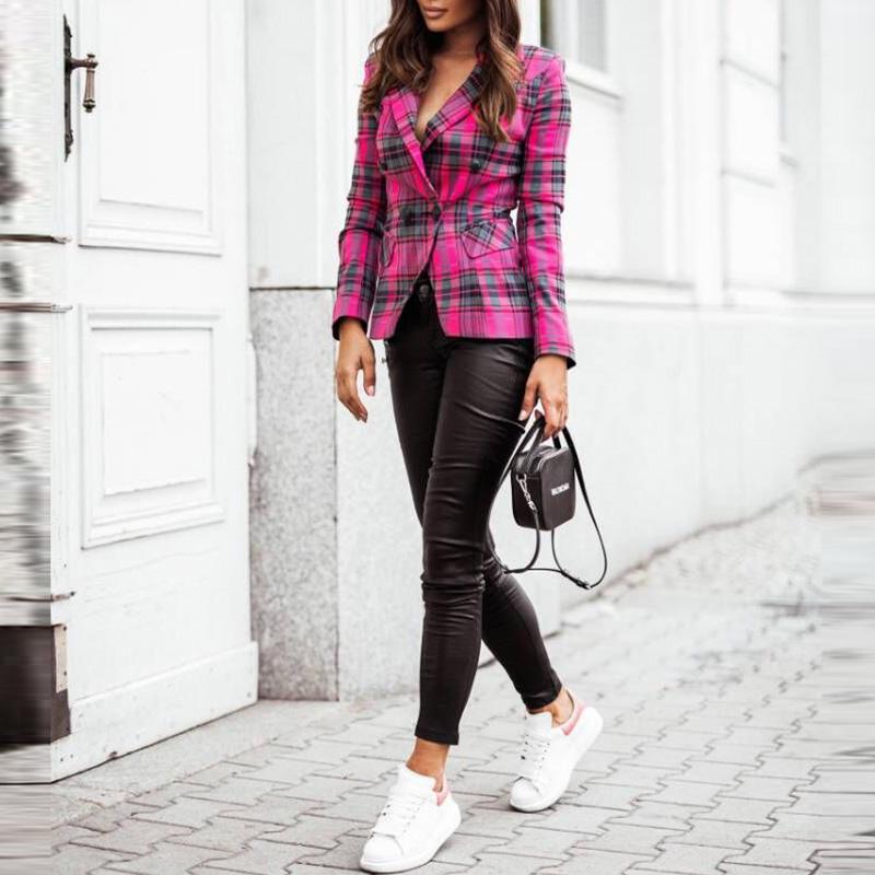 Danmo Elegancki Dopasowany Blezer Jesienny Klapy Długi Rękaw Zapinany na Guziki Kardigan Kurtka Moda Damska Wzór w Kratę Casualowe Płaszcze Garniturowe