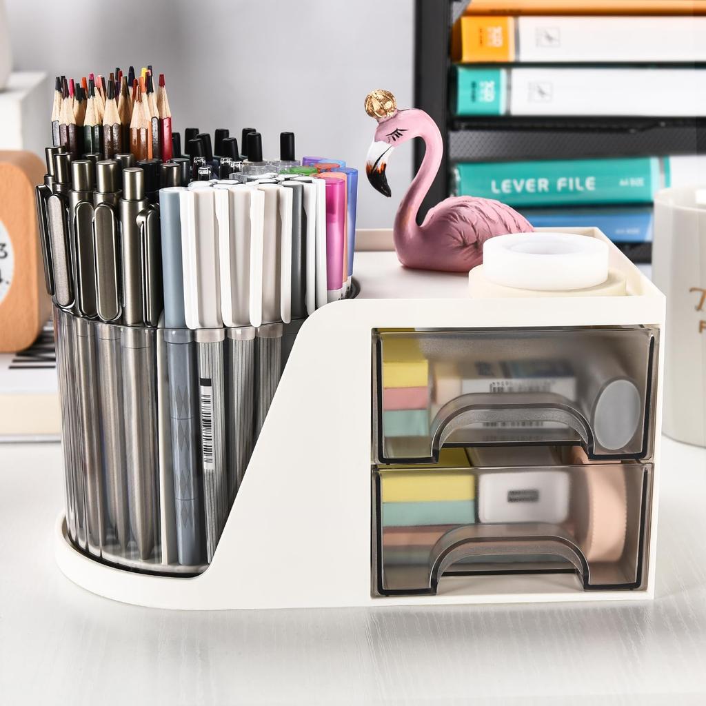 1pc Desk Organizer with 2 Drawer, Rotating Pen Holder for Desk, Desk Organizers and Accessories for Office Home Art Supplies