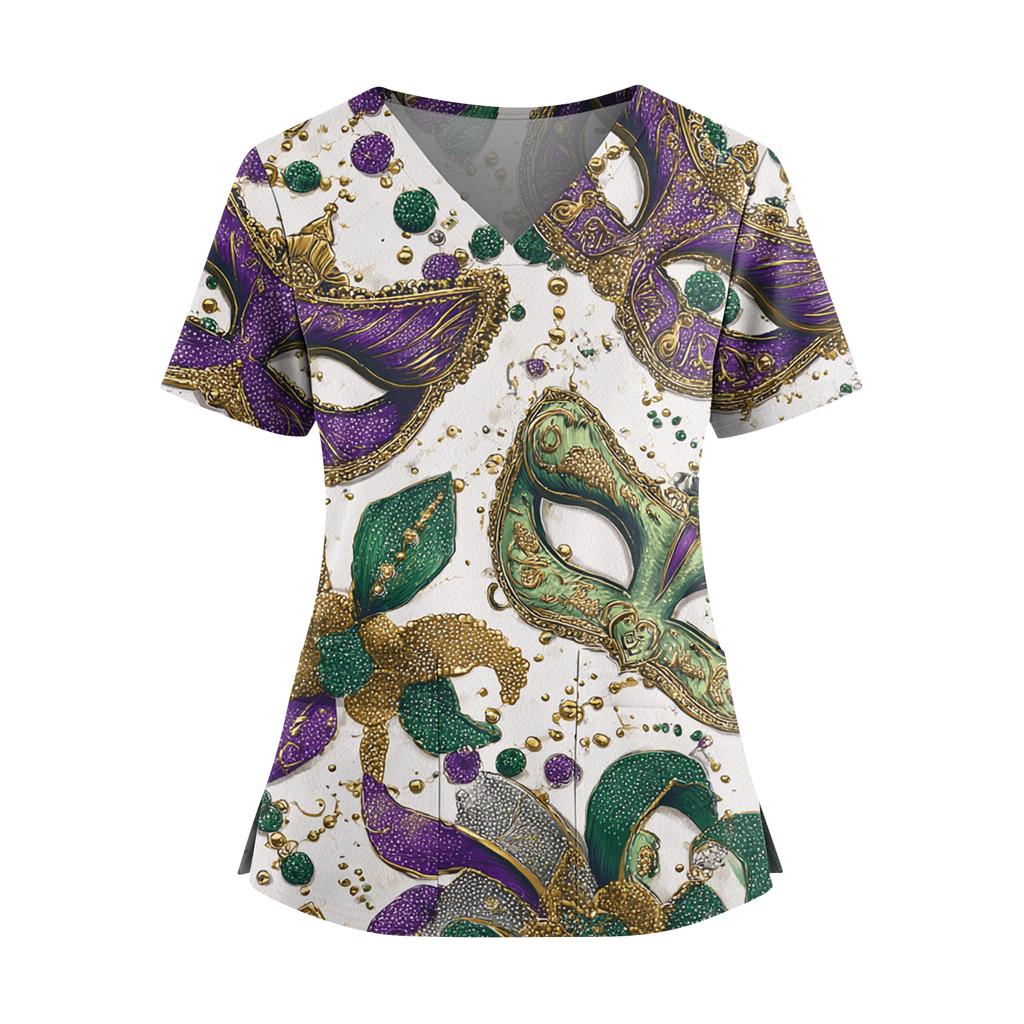 Women's Caregiver  Printed V-Neck Double Pocket Short Sleeves Hem Slit  Uniform Caregiver Top