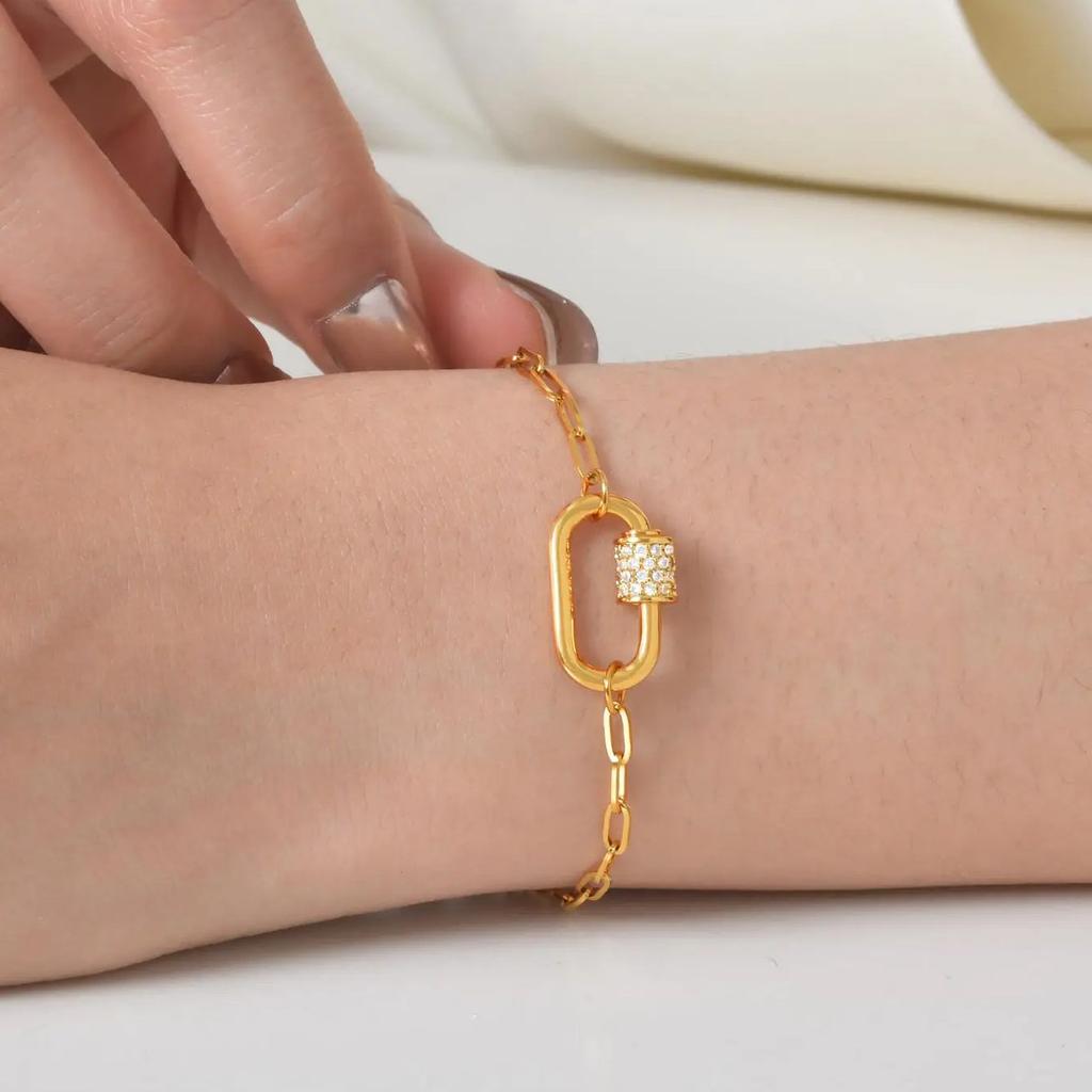 Exquisite Zircon Oval Pendant Bracelet for Women,Gold Color Stainless Steel Small Square Chain Bracelets,Fashion Jewelry Gifts